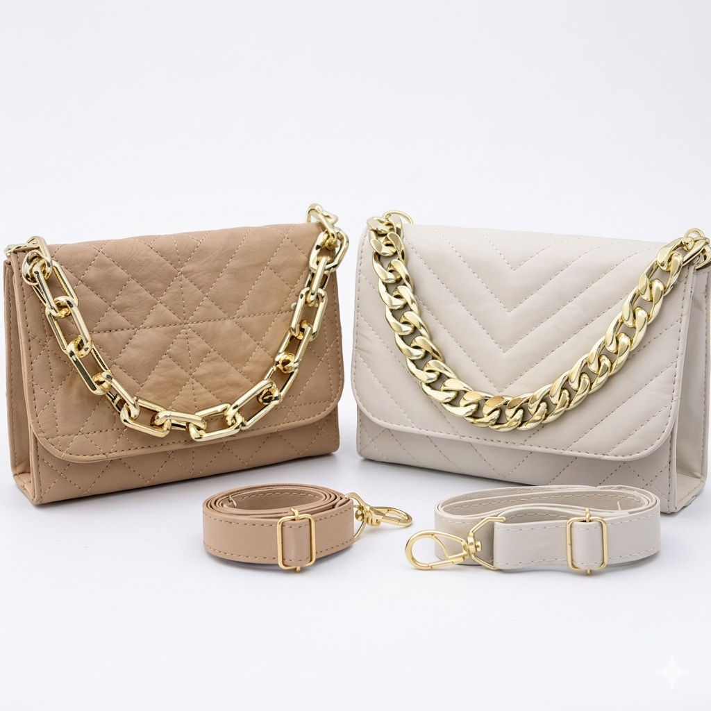 Kit 2 Bolsas Transversais Luxo Corrente Dourada